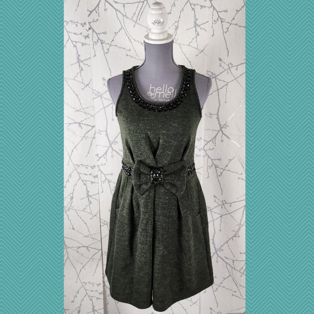 Yumi Dark Green Beaded Bow Front Fit & Flare Dress